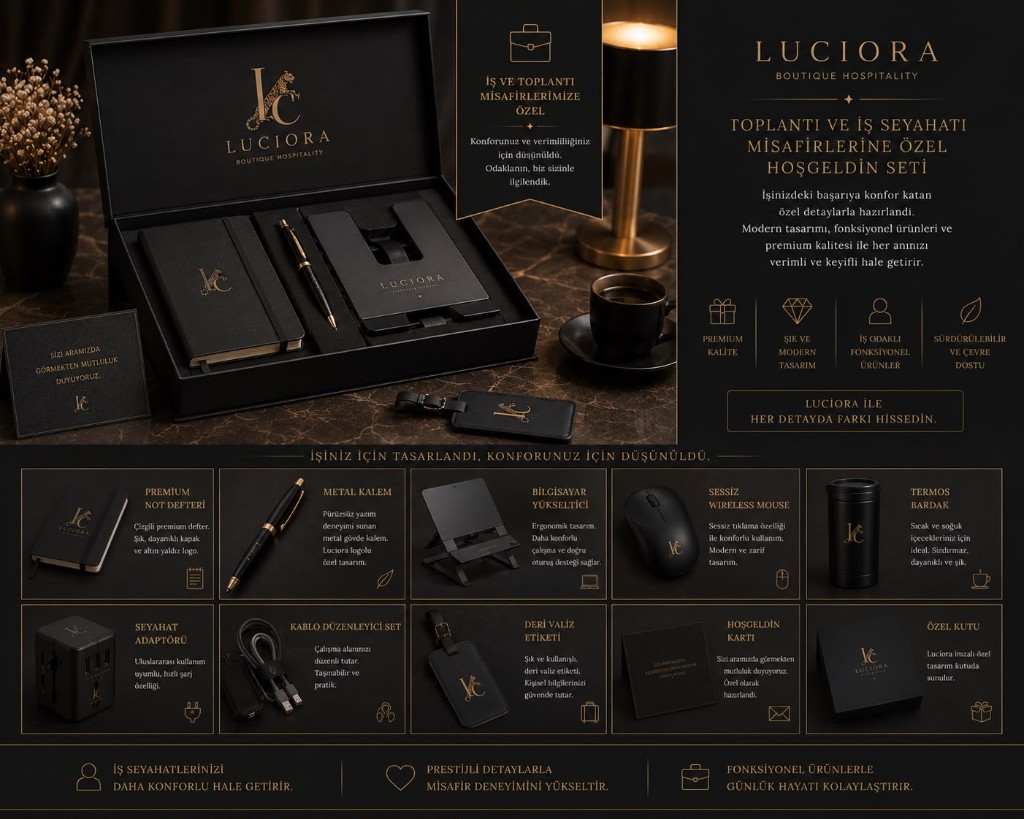 LUCIORA Toplantı ve İş Seyahati Misafirlerine Özel Hoşgeldin Seti — premium not defteri, metal kalem, bilgisayar yükseltici ve seyahat aksesuarları