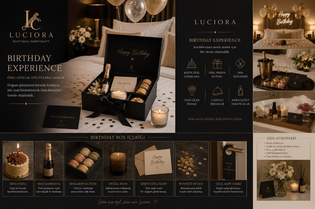 LUCIORA doğum günü deneyimi — özel hediye kutusu, oda süslemesi, mini pasta, şampanya ve kişiye özel karşılama